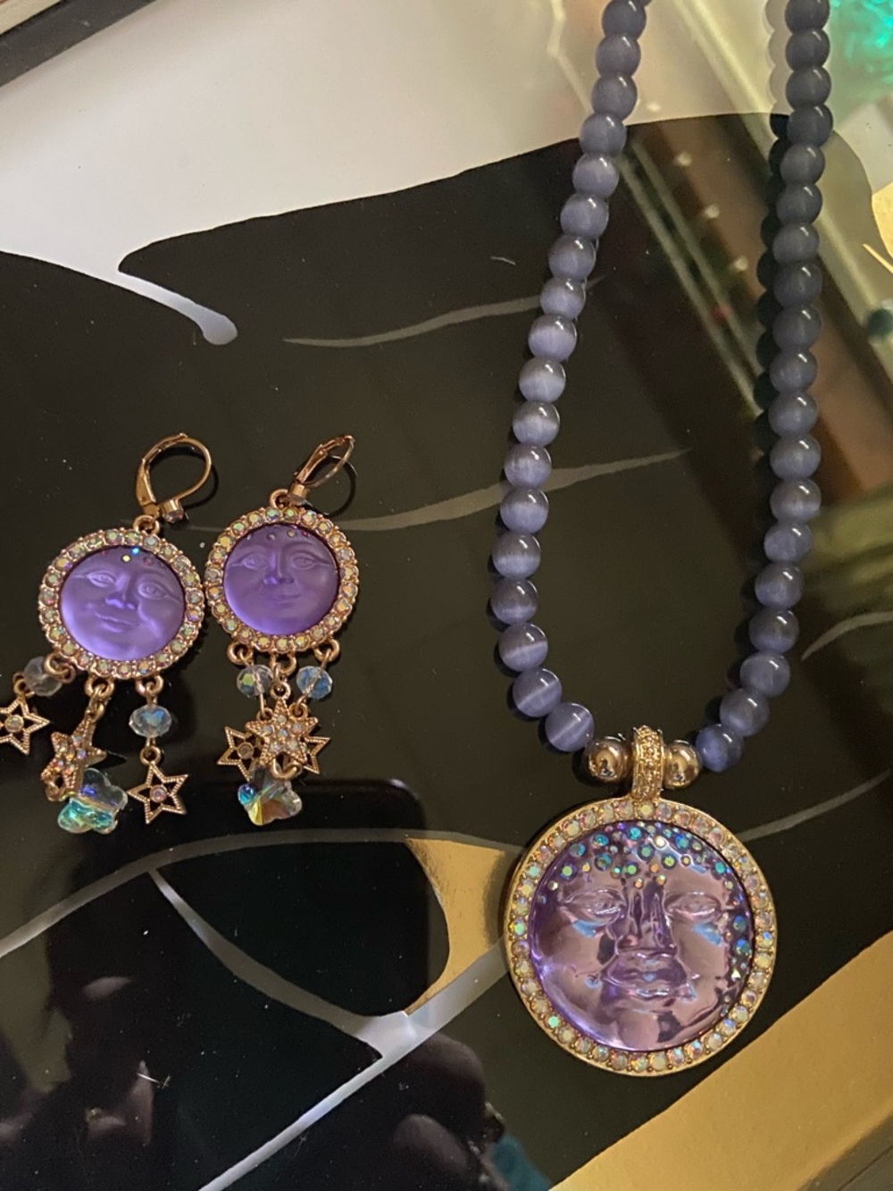 Kirks Folly Purple Celestial Moon Face Pendant Necklace and Earrings Set